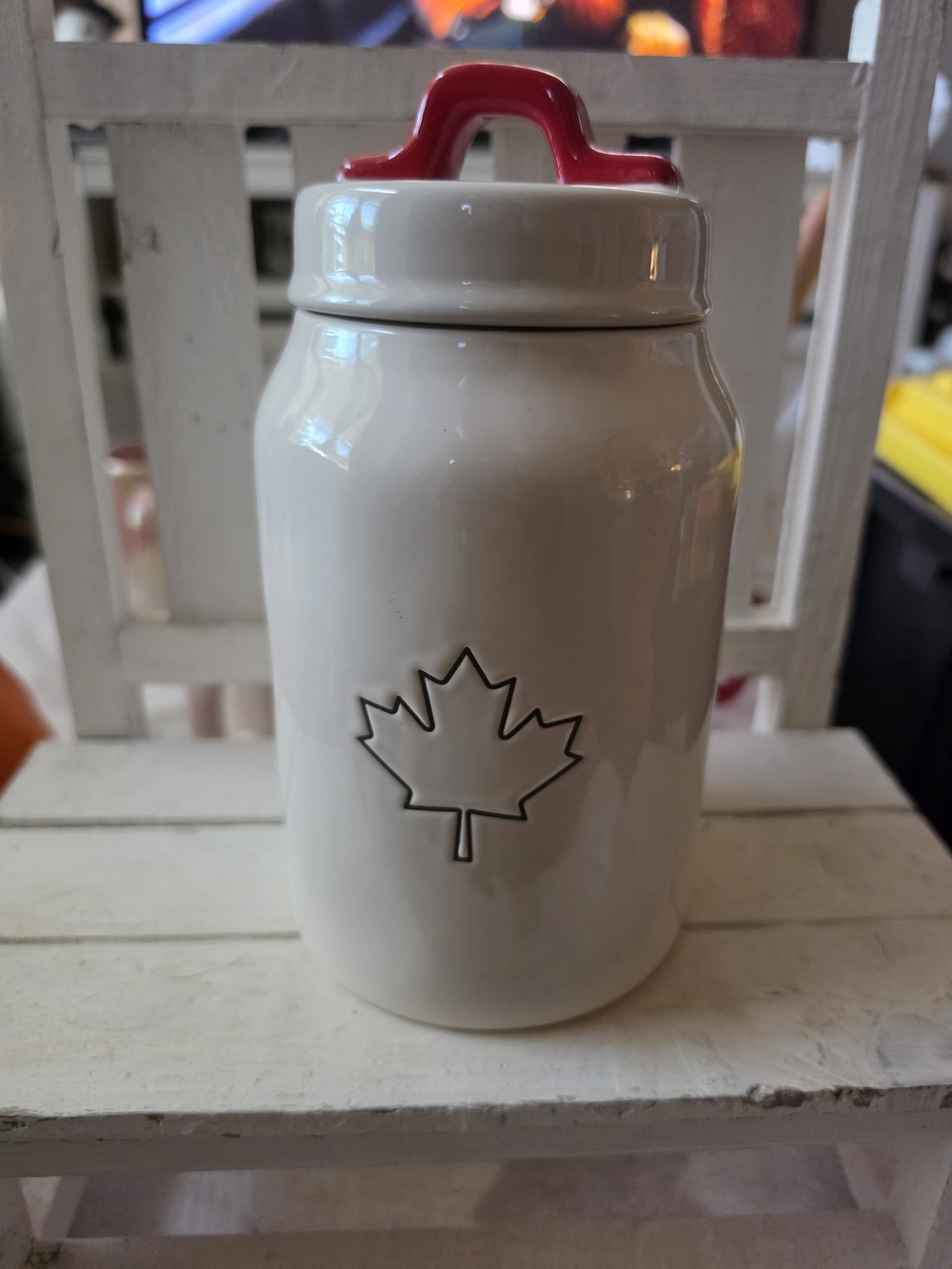 Rae Dunn Maple Leaf Canister with Red Lid Handle